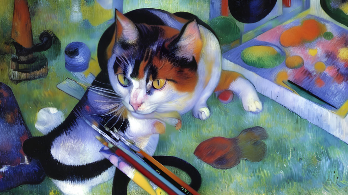 Vibrant tri-color cat painting with palette and fruit