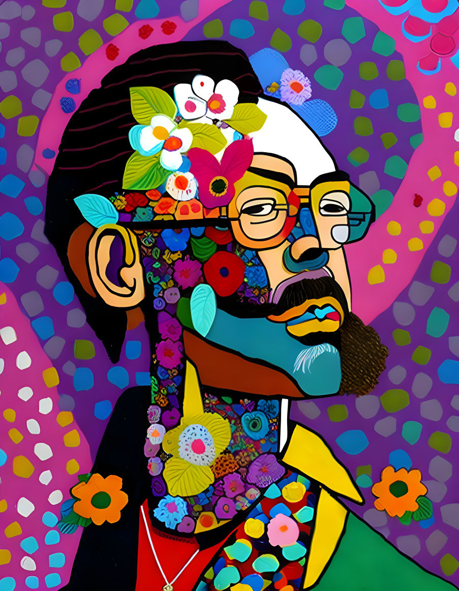 Colorful Stylized Portrait of Bearded Man with Glasses and Floral Patterns