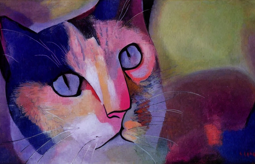 Colorful Abstract Cat Face Painting with Prominent Eyes and Dreamy Brush Strokes