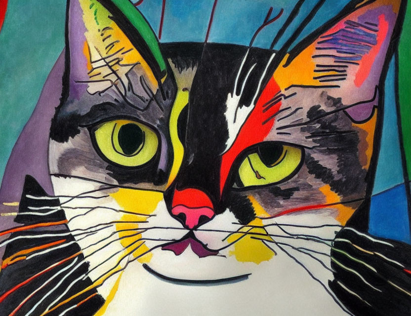 Vibrant cat face art with green eyes and colorful markings