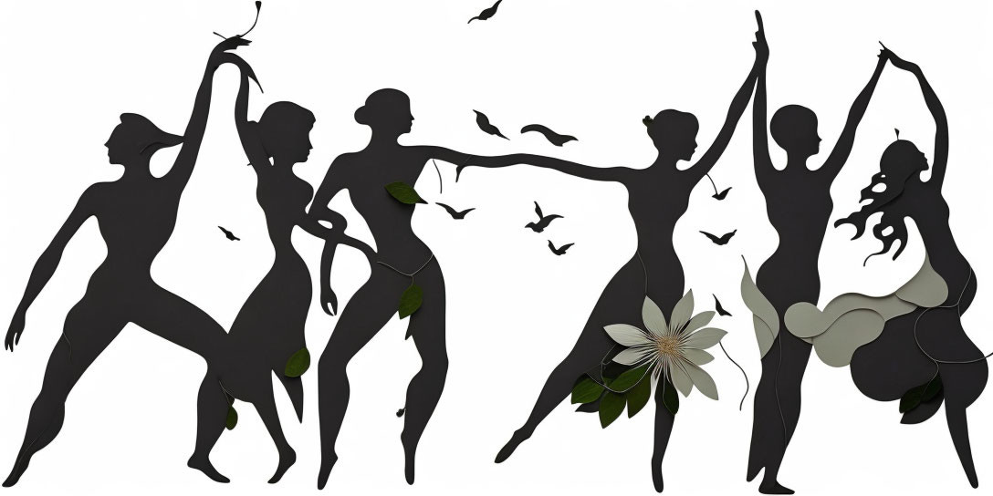 Women in Dance Poses with Birds and Floral Elements