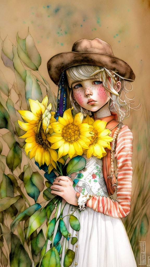 Illustration of pale-skinned girl with freckles, hat, sunflower bouquet, and green