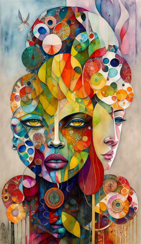 Surrealist painting of two overlapping faces with vibrant, multicolored features