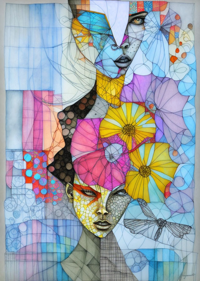 Colorful abstract artwork: two overlapping faces with geometric, floral, and dragonfly motifs.