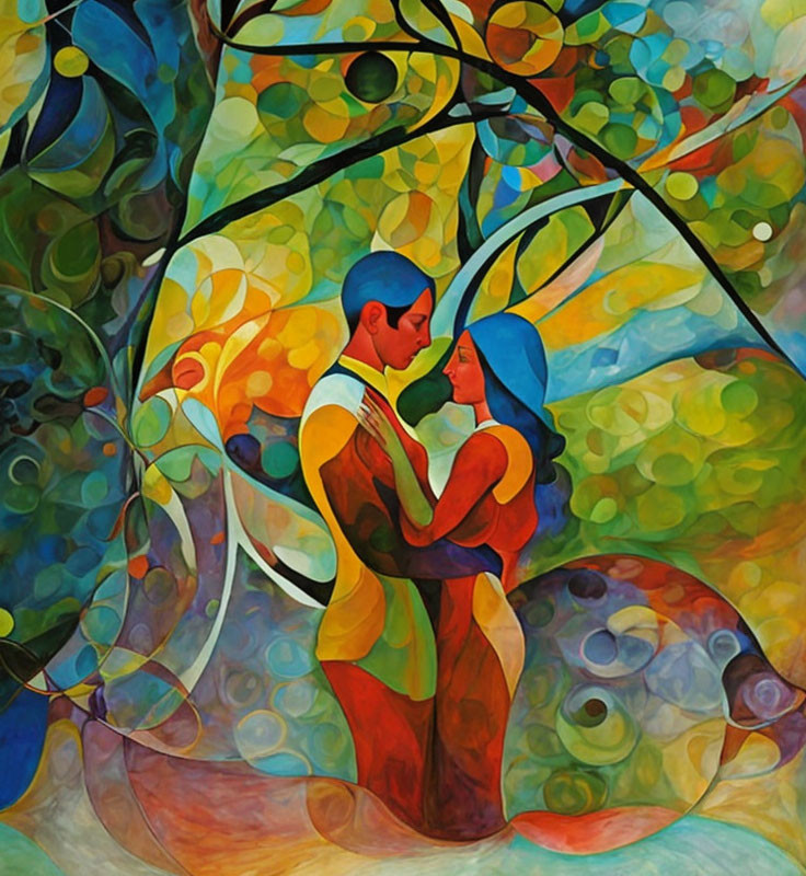 Vivid Abstract Painting of Embracing Couple with Swirls and Foliage Patterns