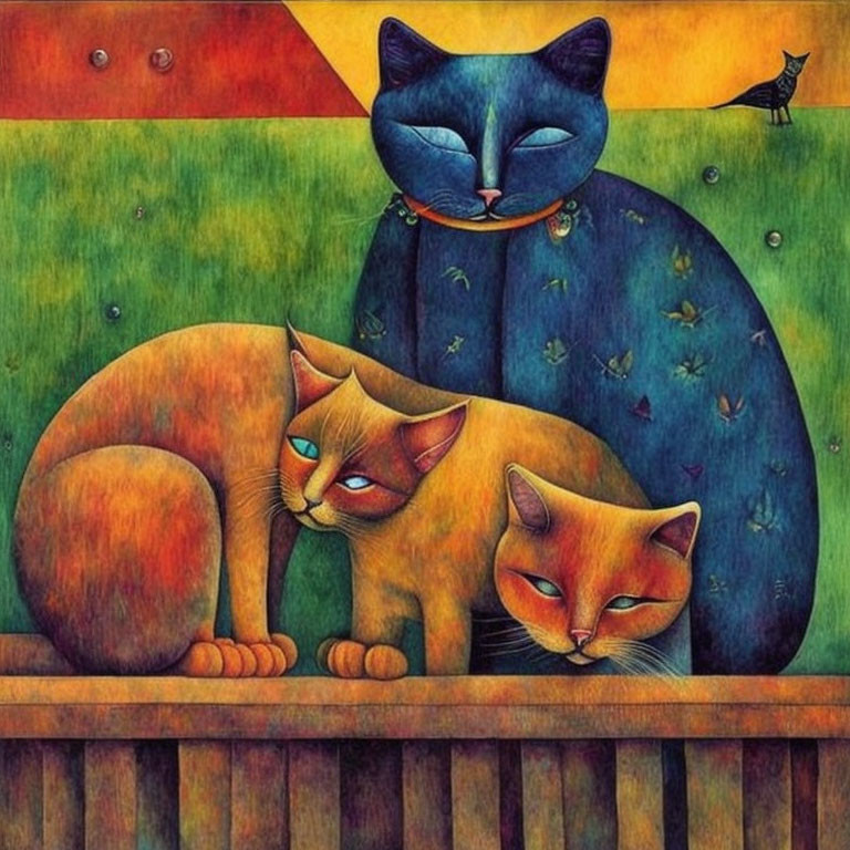 Stylized cats in blue and orange with bird on yellow-green background