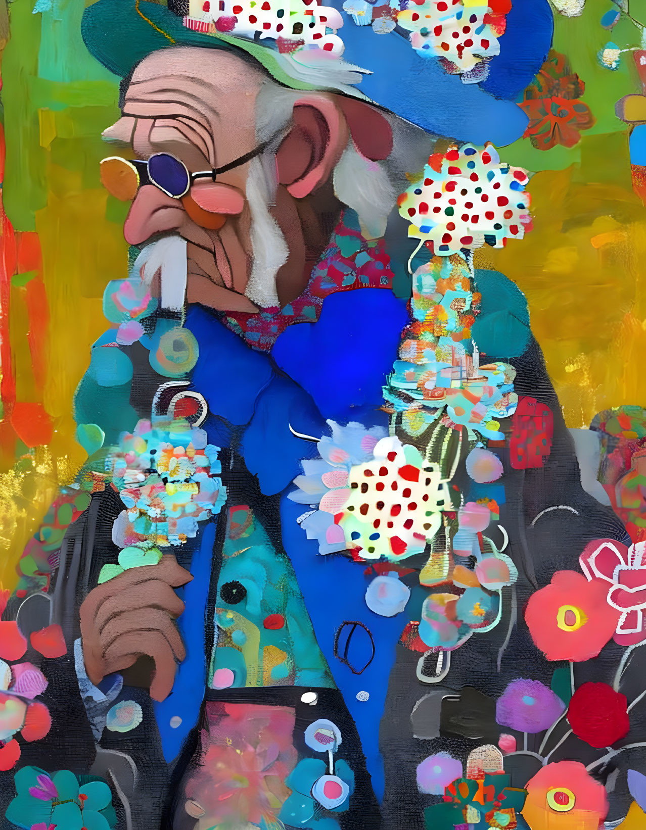 Colorfully dressed elderly man with birdcage in vibrant floral setting.