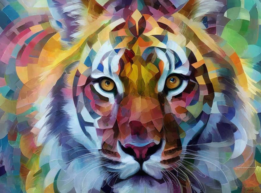 Abstract Geometric Tiger Face Painting with Colorful Mosaic Shapes