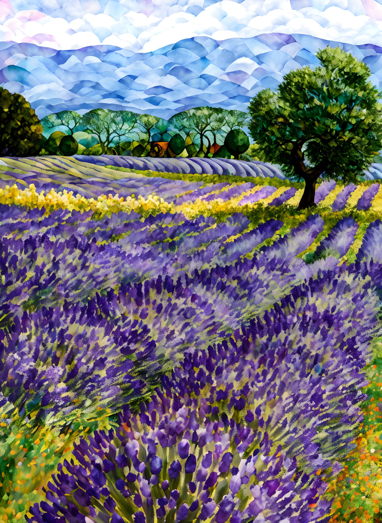 Lavender field painting with tree, colorful foliage, and blue mountains