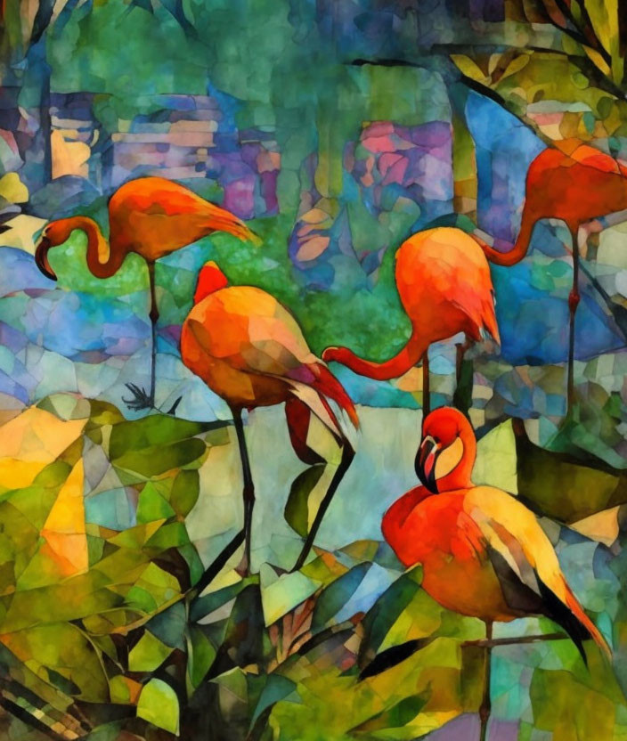 Vibrant Cubist Painting: Four Flamingos in Orange and Red