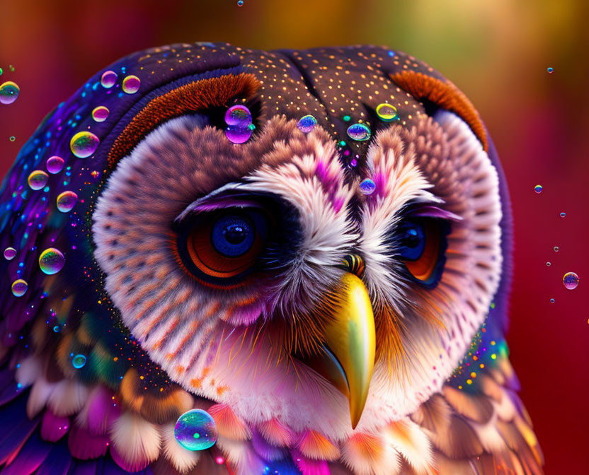 Colorful Owl Portrait with Floating Bubbles on Red Background