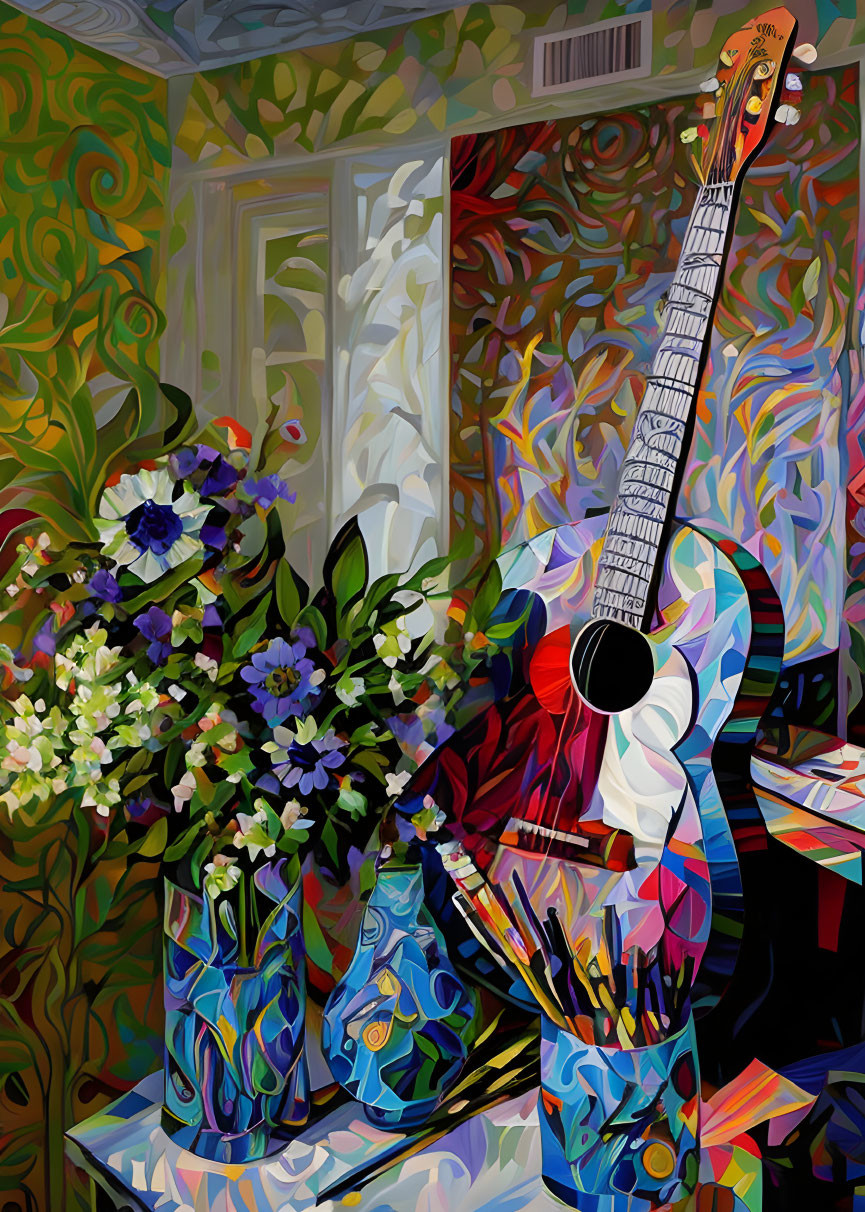 Vibrant Cubist-style Artwork of Guitar and Vase