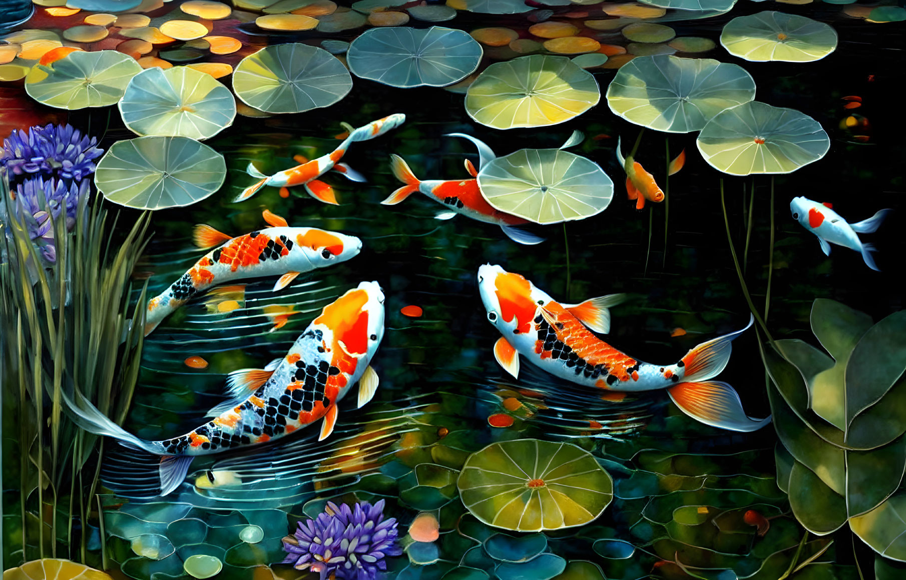 Vibrant koi fish and lily pads in dark pond with reflections