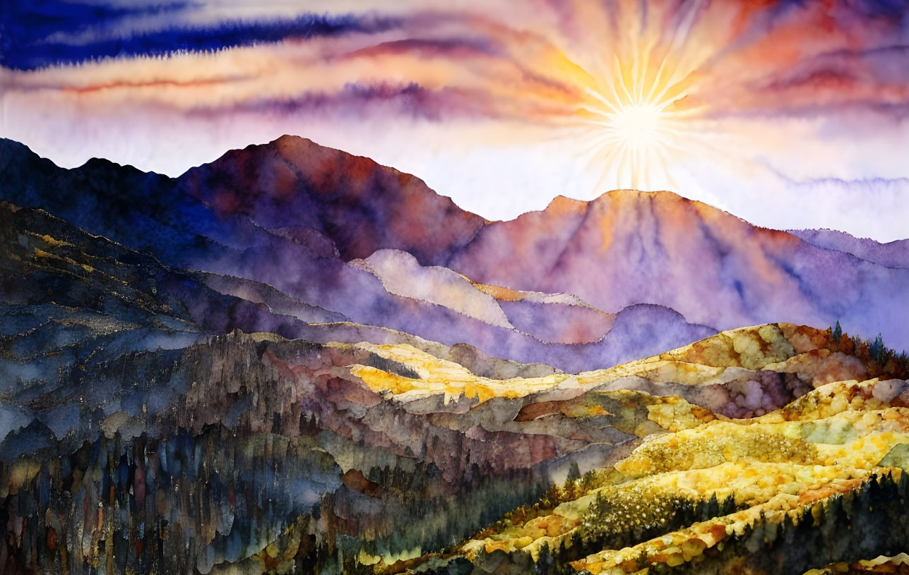 Mountainous Sunrise Watercolor Painting: Vibrant Landscape with Purple and Blue Peaks