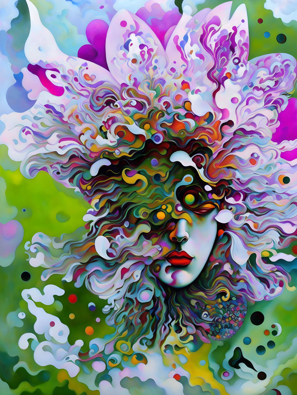 Colorful Abstract Portrait of Female Figure with Flowing Hair and Floral Patterns