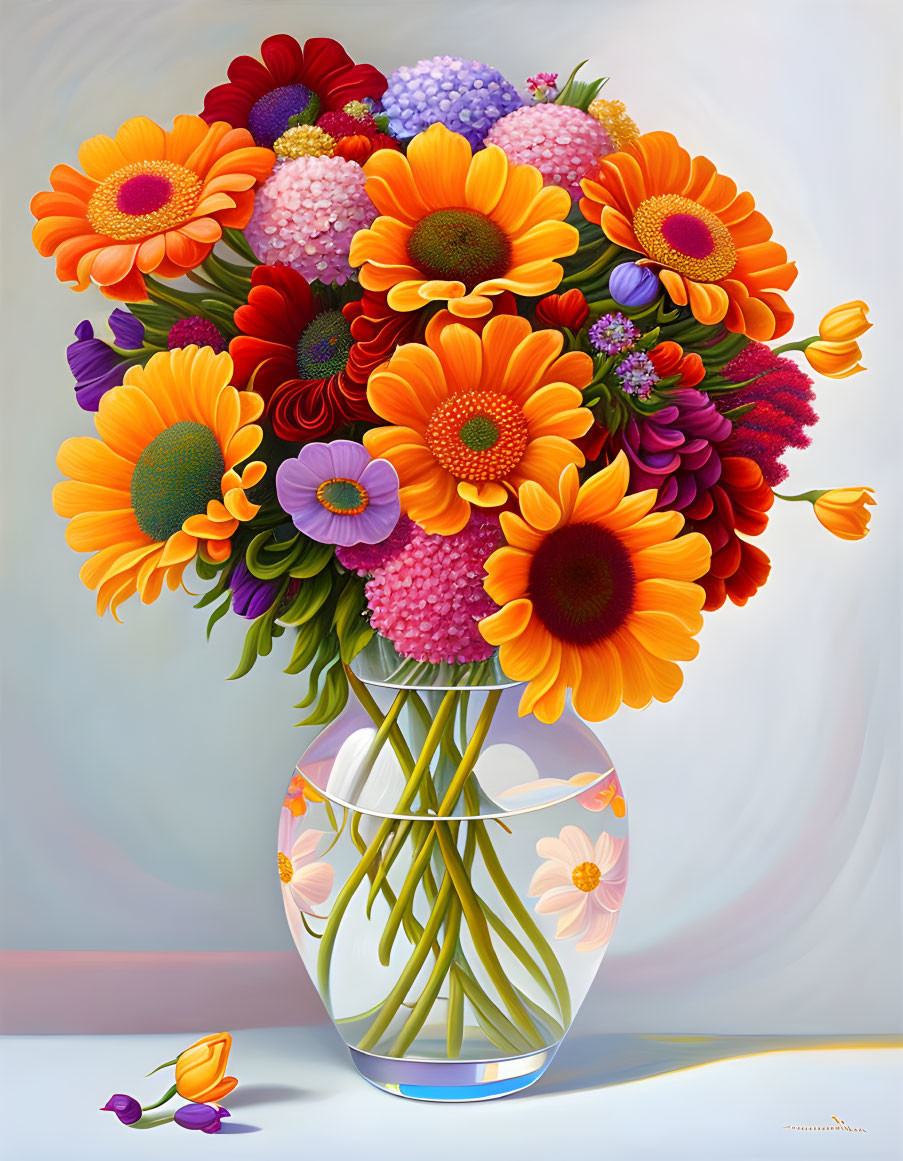 Colorful Flower Bouquet in Glass Vase on Light Background