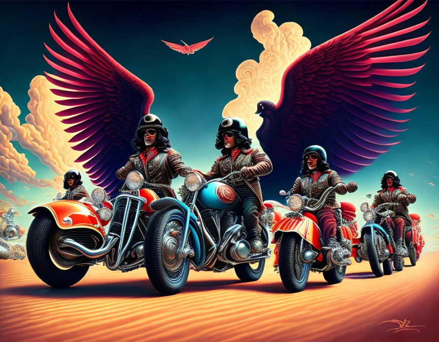 Group of motorcyclists with eagle wings riding on road under red sky