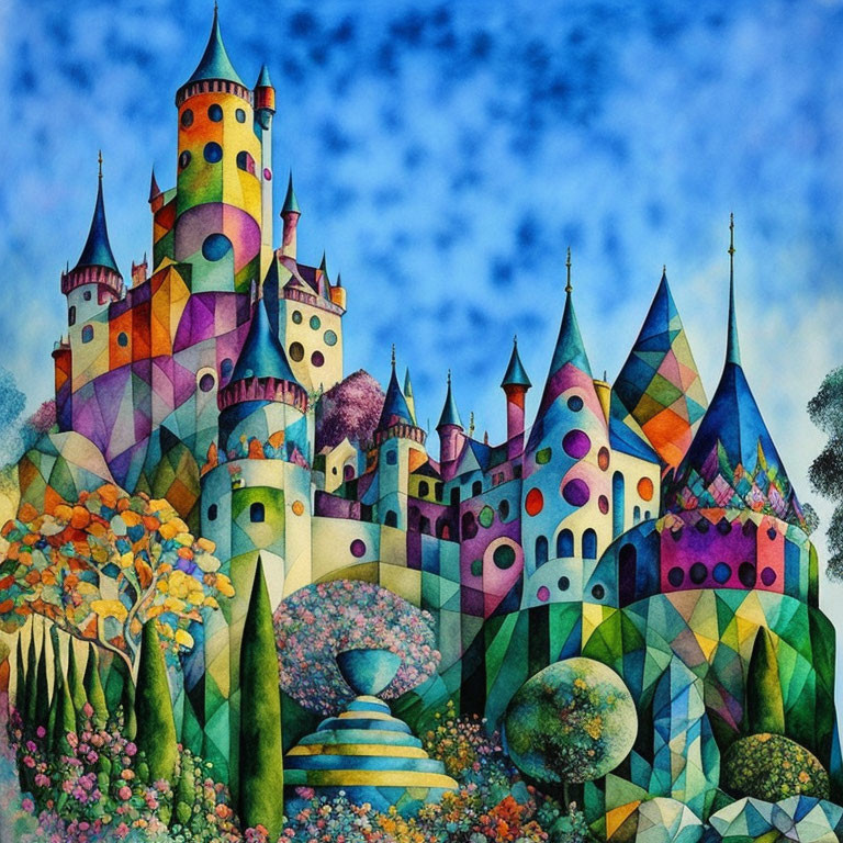 Whimsical painting of fantastical castle with geometric patterns