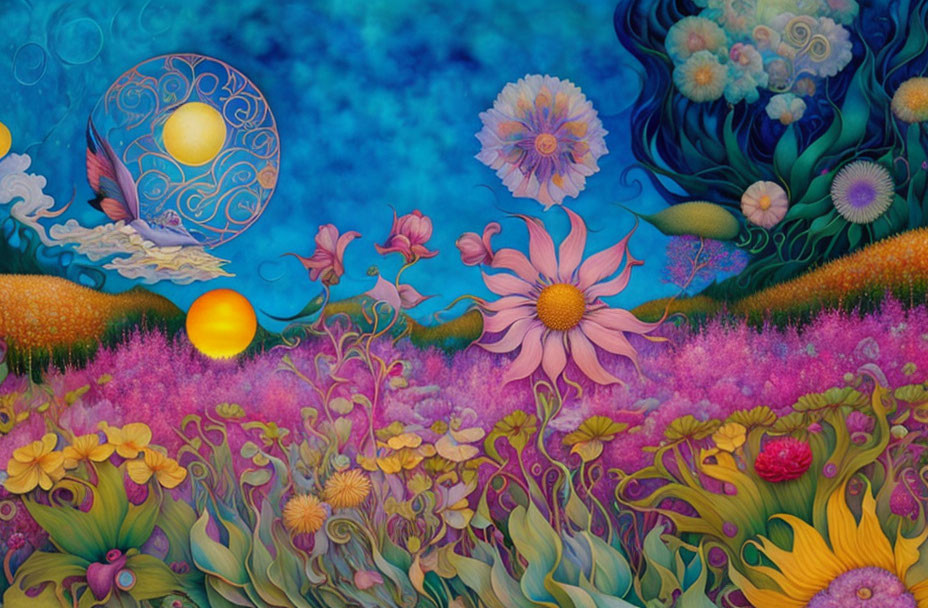 Colorful Flowers in Mystical Sky with Celestial Objects