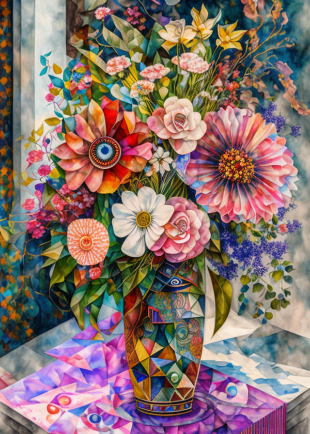 Colorful Flower Bouquet Painting with Patterned Vase and Floral Background