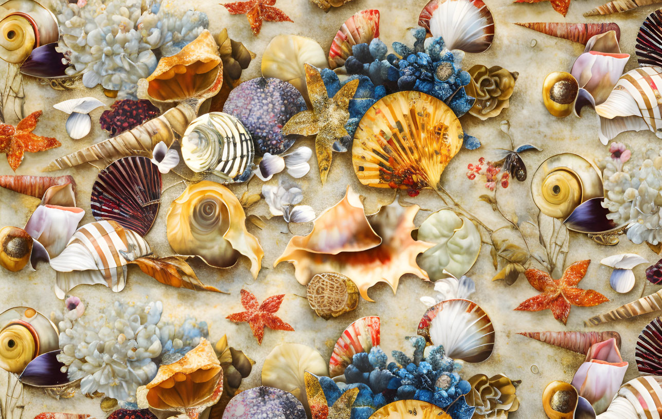 Vibrant seashells, starfish, and coral on sandy backdrop