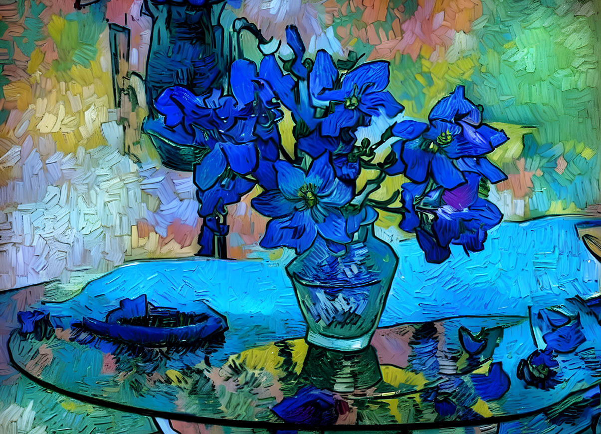 Impressionist-style painting of blue flowers in a clear vase on a round table