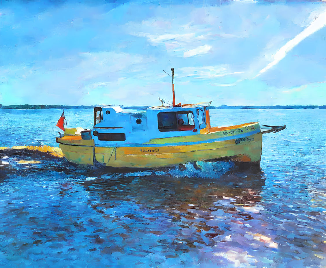 Vibrant painting of yellow and blue boat with Danish flag in calm waters