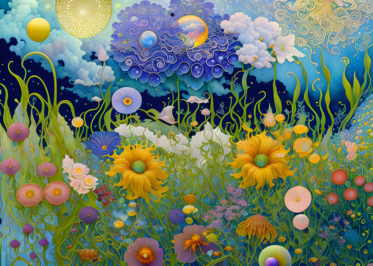 Colorful floral landscape with celestial elements in intricate patterns