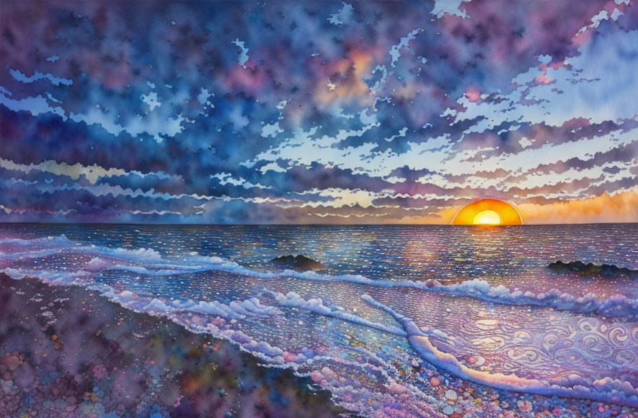 Serene sunset ocean watercolor with vibrant colors