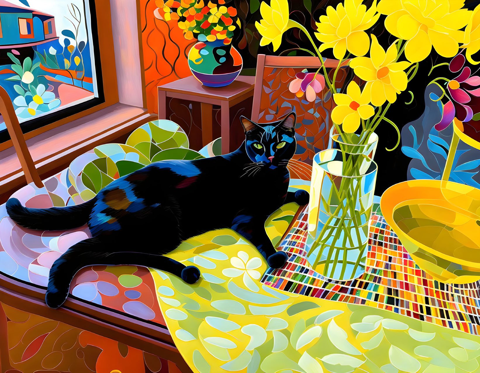 Colorful Stylized Image: Black Cat on Patterned Tablecloth