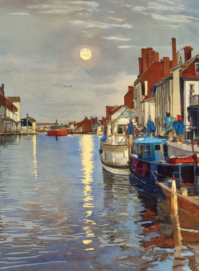 Canal scene with moored boats, buildings, full moon, and plane at twilight