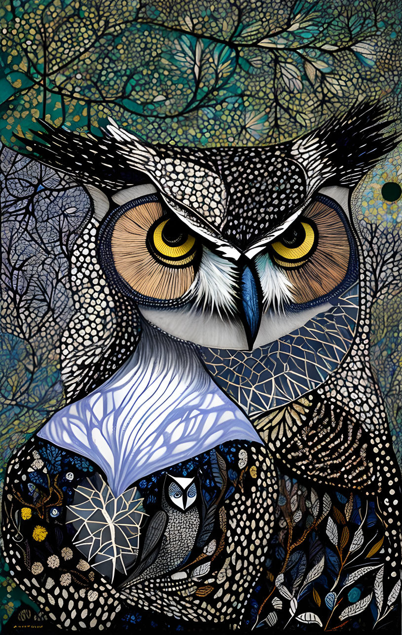 Detailed Owl Illustration with Intricate Patterns and Hypnotic Eyes