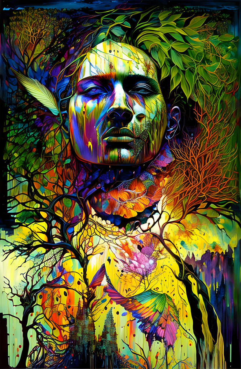 Colorful human-nature fusion art in dynamic style