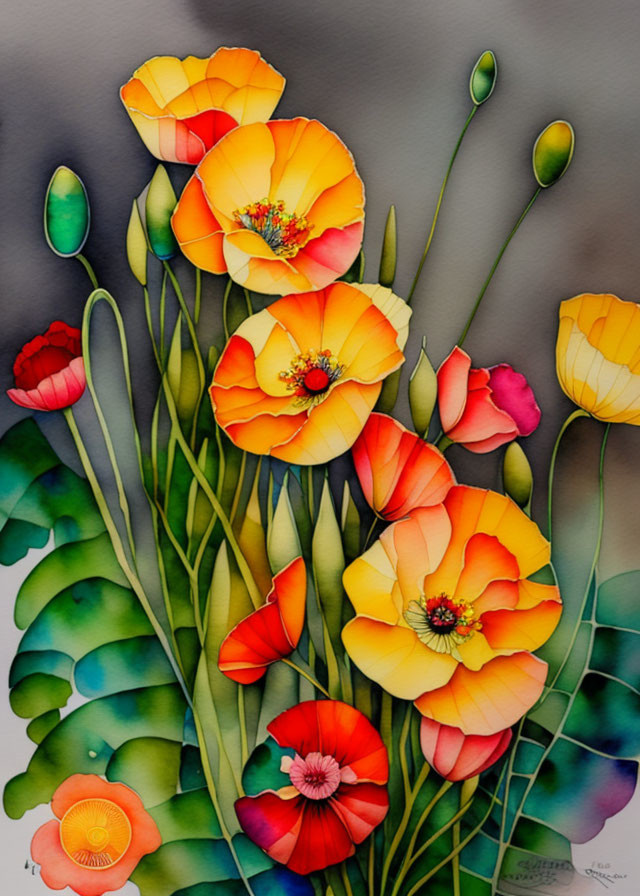 Vibrant poppy flowers painting with brush strokes and gradients