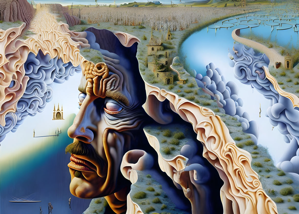 Surreal landscape with human face blending natural, architectural elements