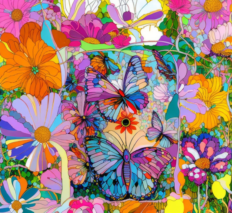 Vibrant flowers and butterflies in intricate patterns and rich hues