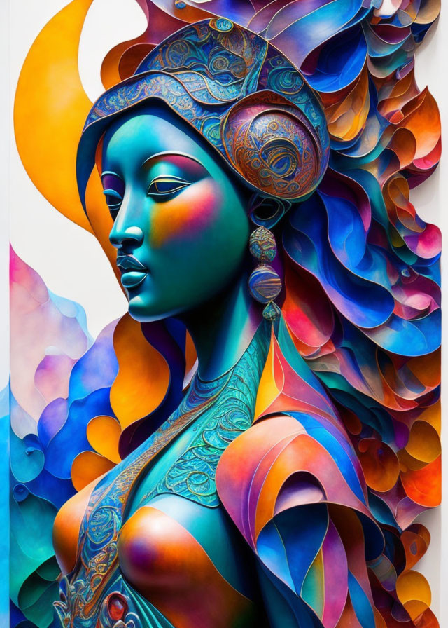 Colorful Artwork: Stylized Woman with Moon Headpiece & Feathery Backdrop