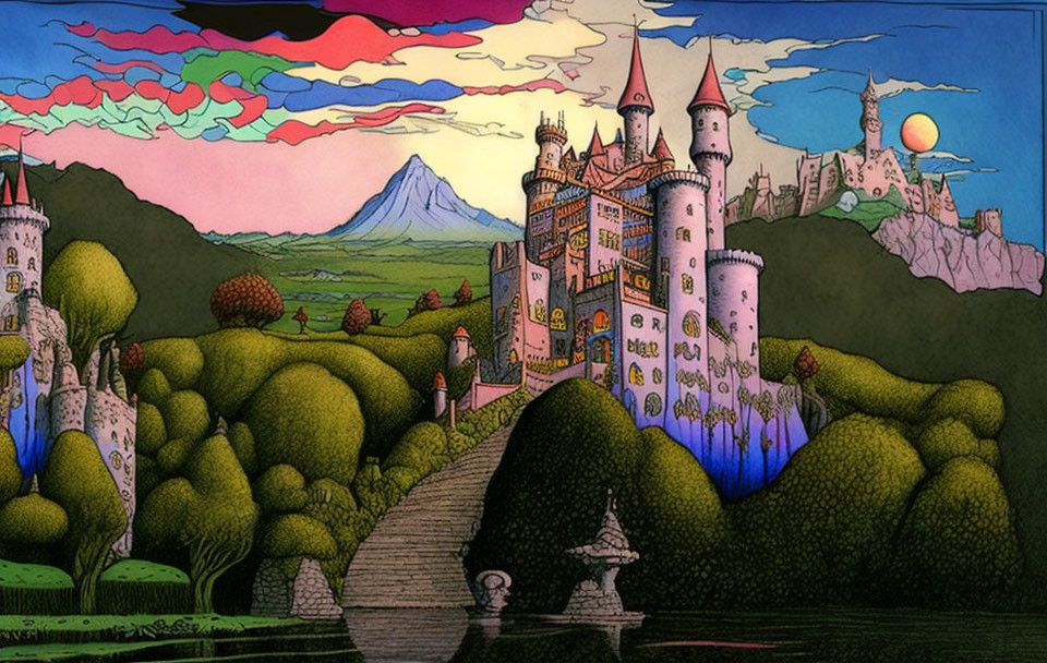 Colorful illustration of castles, hills, and mountain under pink and blue sky