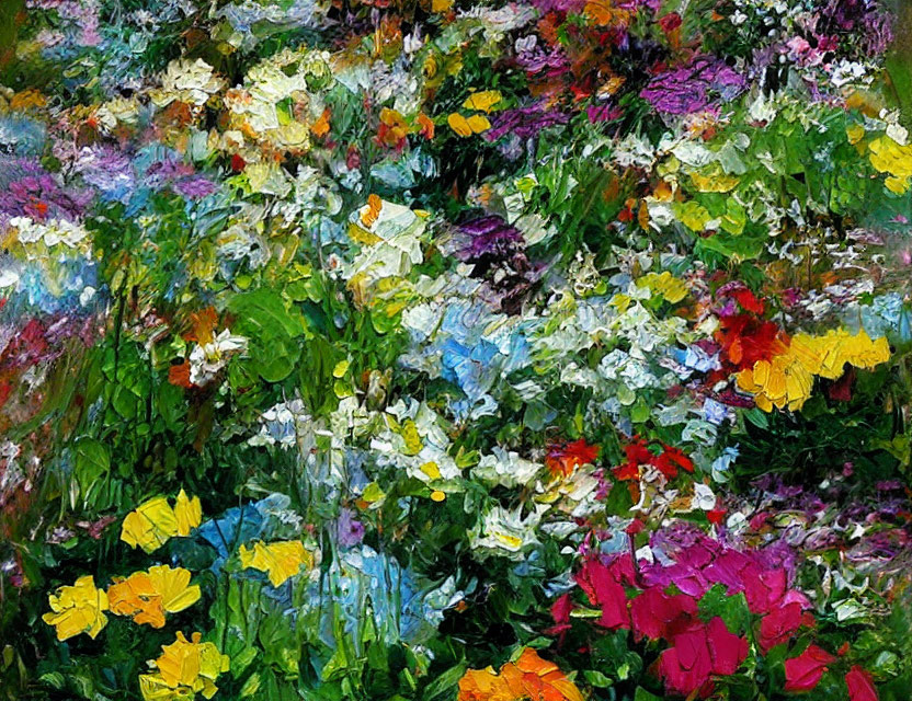 Vibrant garden painting with multicolored flowers and textured brushstrokes