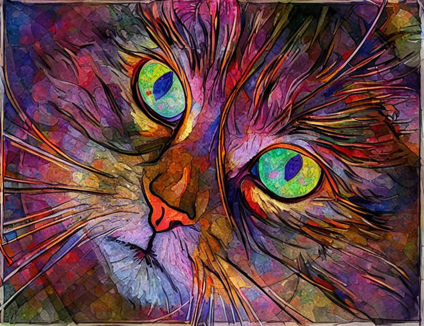 Colorful Stylized Cat Artwork with Purple, Red, Yellow Fur & Green Eyes