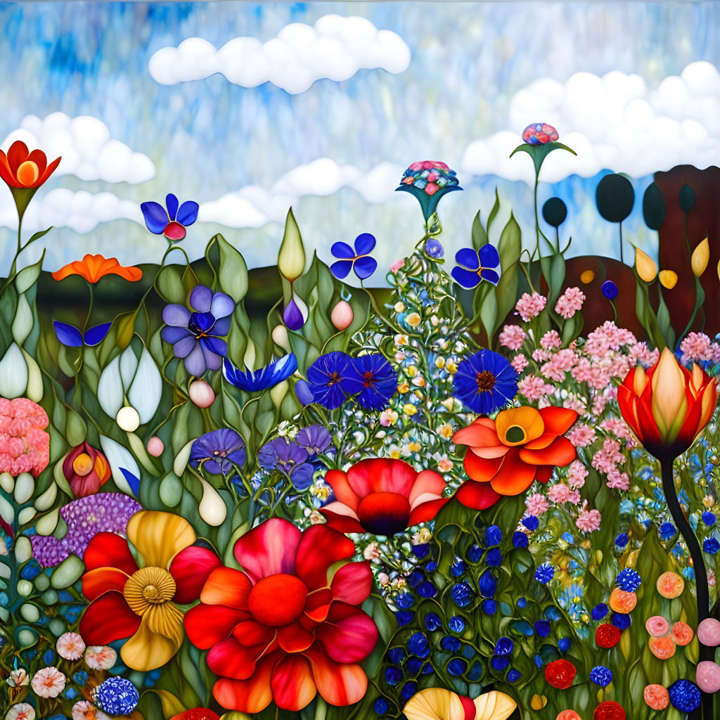 Vibrant Flower Painting with Blue Sky and Clouds