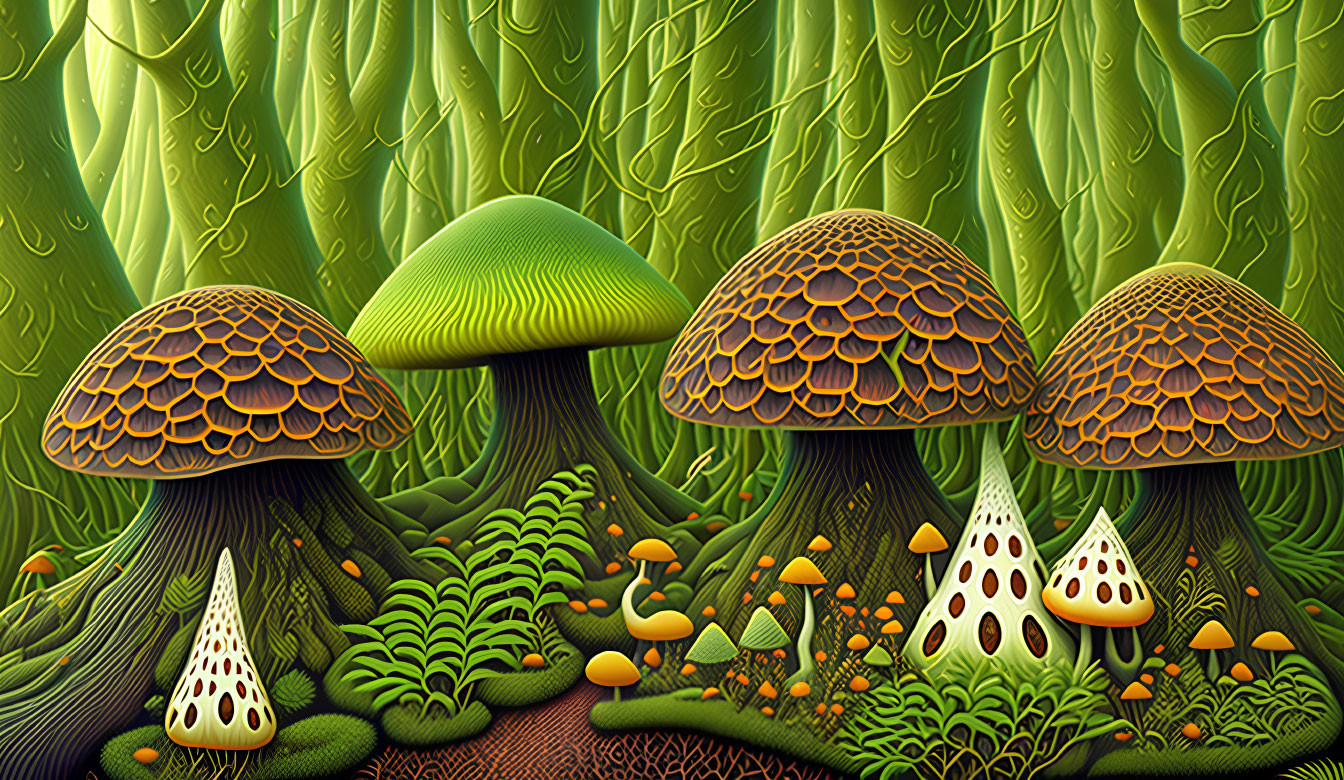 Colorful digital artwork: Whimsical forest floor with oversized mushrooms