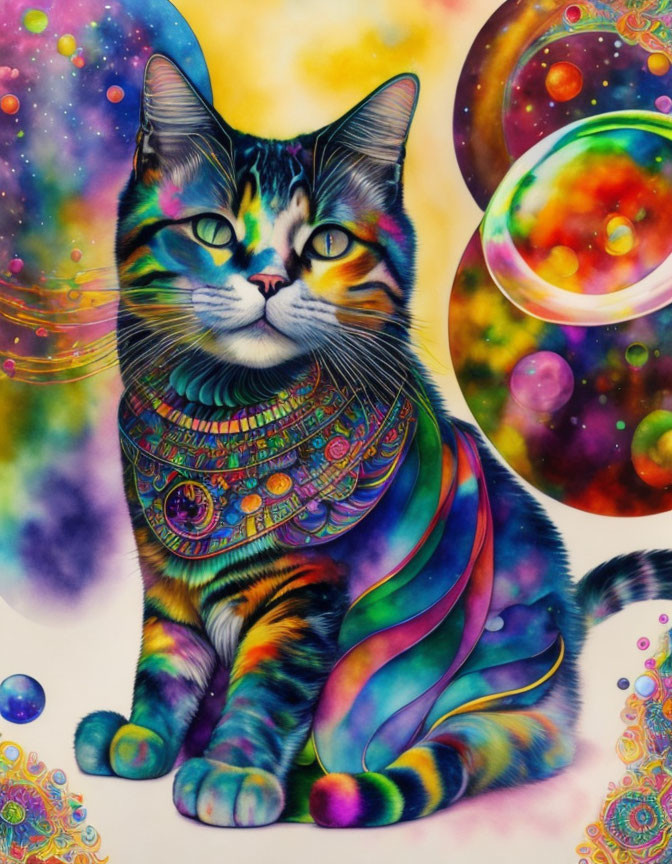 Colorful Psychedelic Cat Illustration with Cosmic Backgrounds