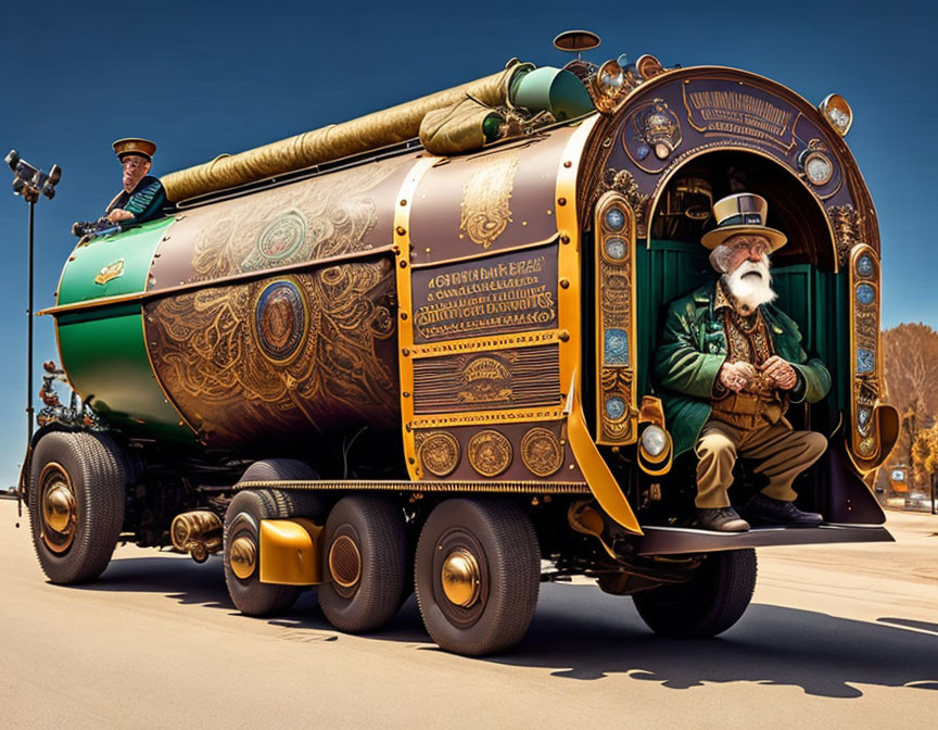 Vintage-style steam train with gold embellishments and bearded conductor in green uniform