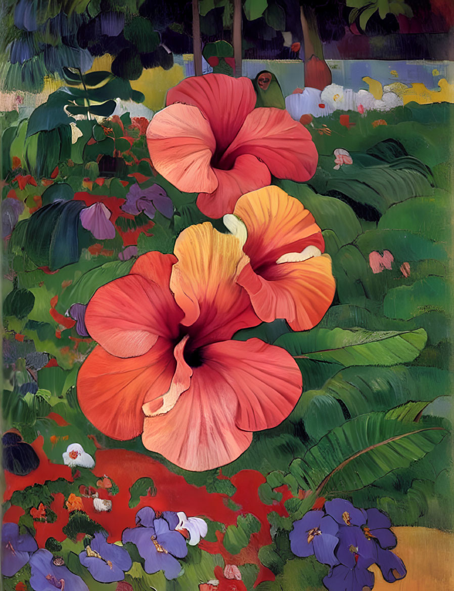 Colorful painting of red hibiscus flowers and lush green foliage