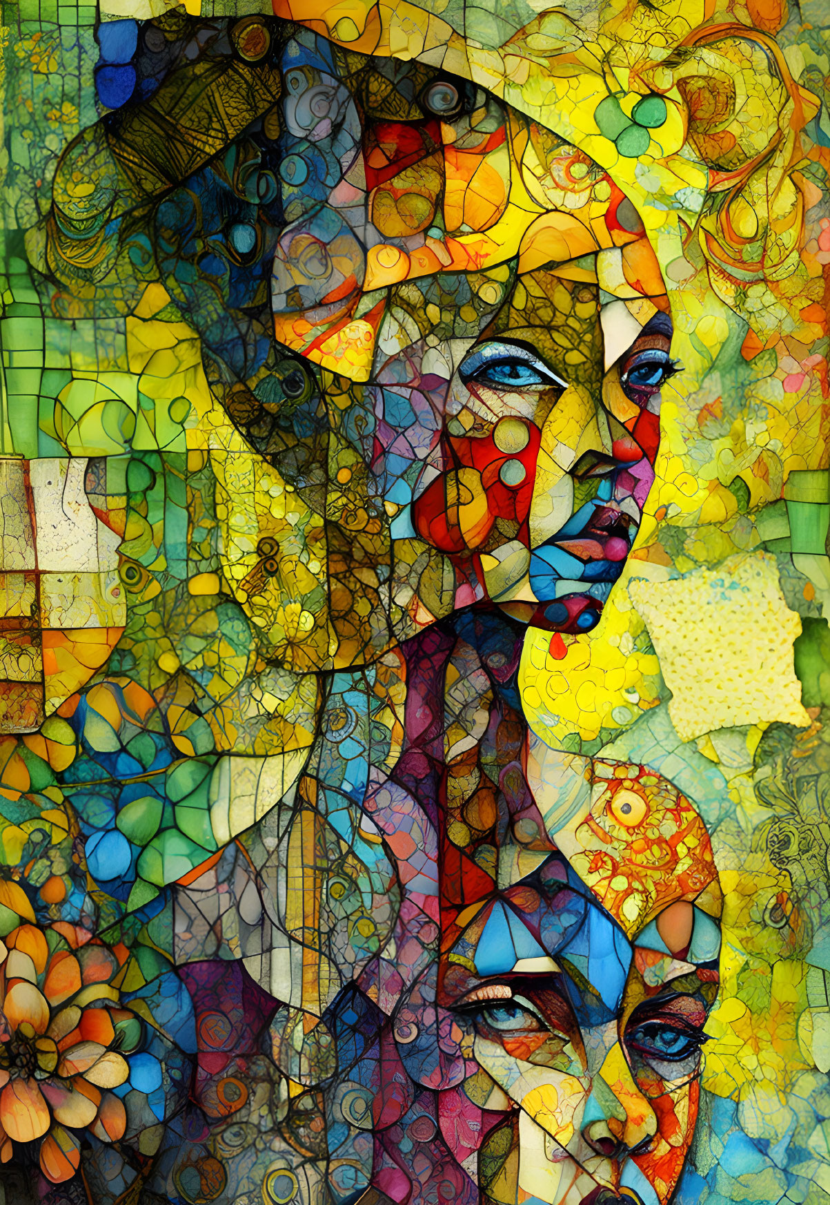 Vibrant mosaic art of two faces with intricate patterns