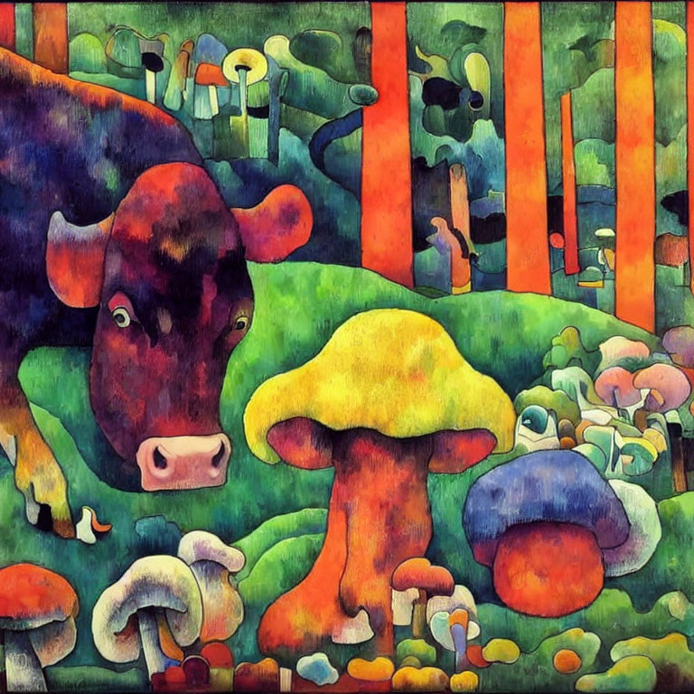 Vibrant cow and mushrooms in abstract painting on striped backdrop