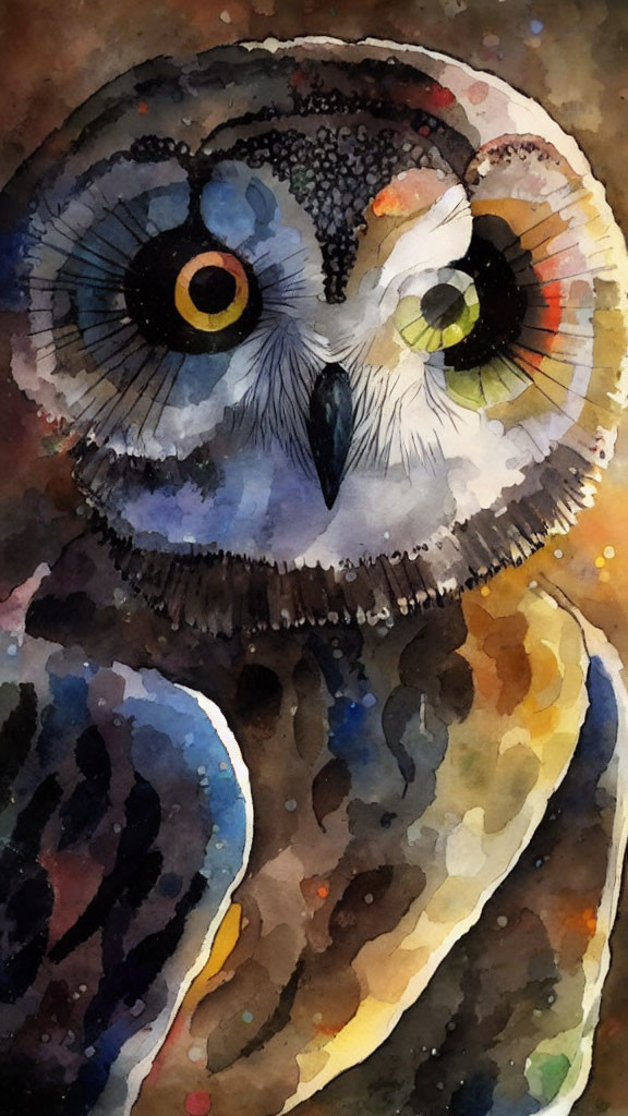 Vibrant watercolor owl painting with expressive eyes in earthy tones