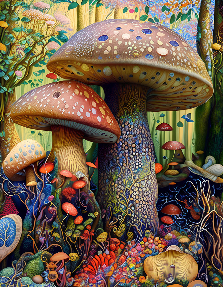 Colorful Illustration of Fantastical Mushroom Forest & Whimsical Flora