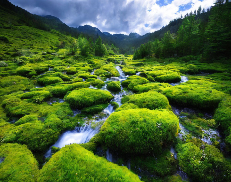 Vibrant moss-covered mounds in lush green meadow with meandering stream